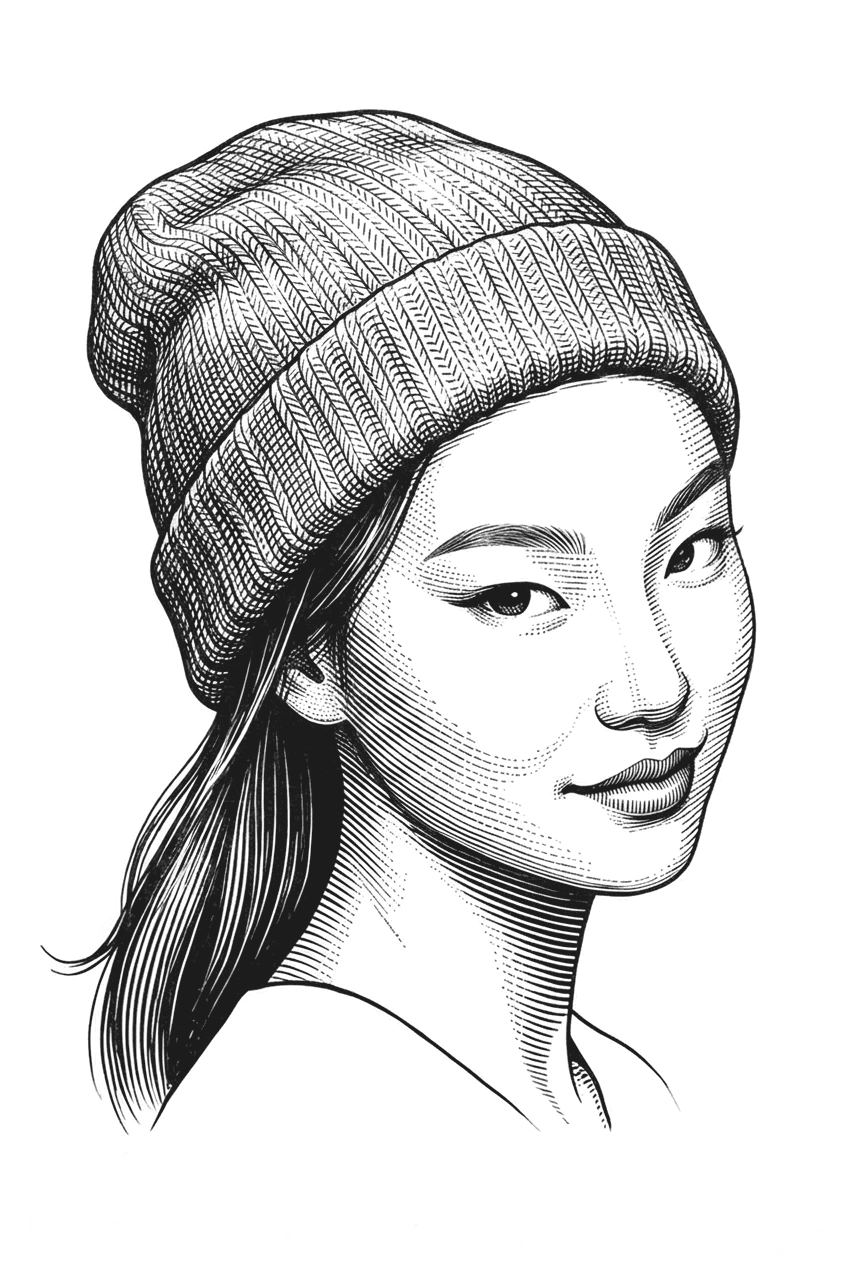 Engraved portrait wearing a knit beanie