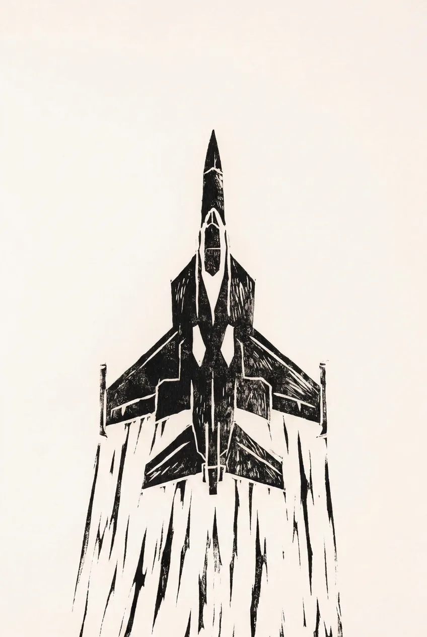 Linocut of a single fighter jet climbing straight up, motion streaks trailing behind